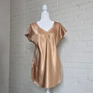 Vintage Gold Satin Nightgown w/ Lace Trim┃Small┃California Dynasty Made in USA